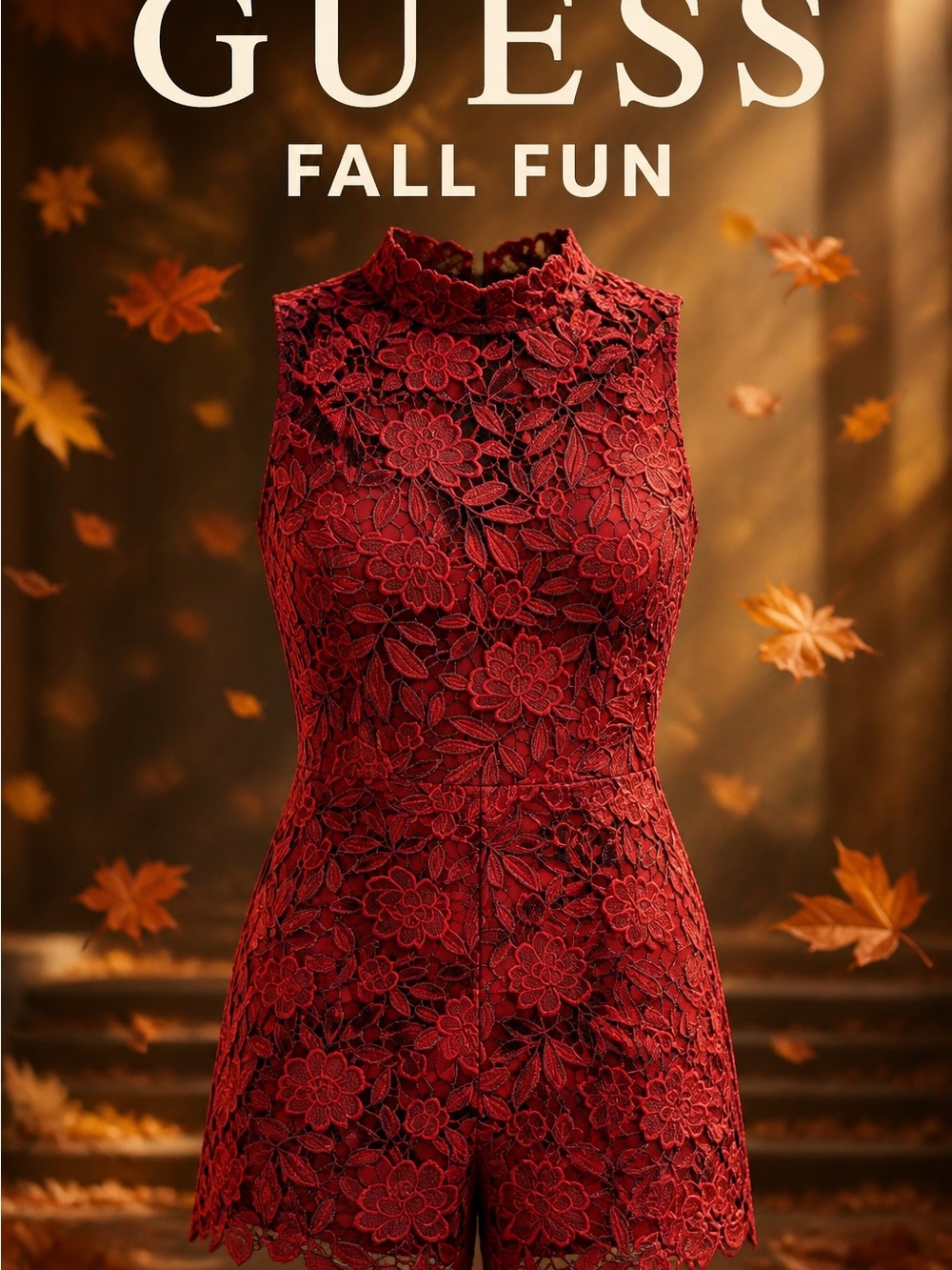 GUESS Floral Lace High-Neck Mini Romper in Deep Red